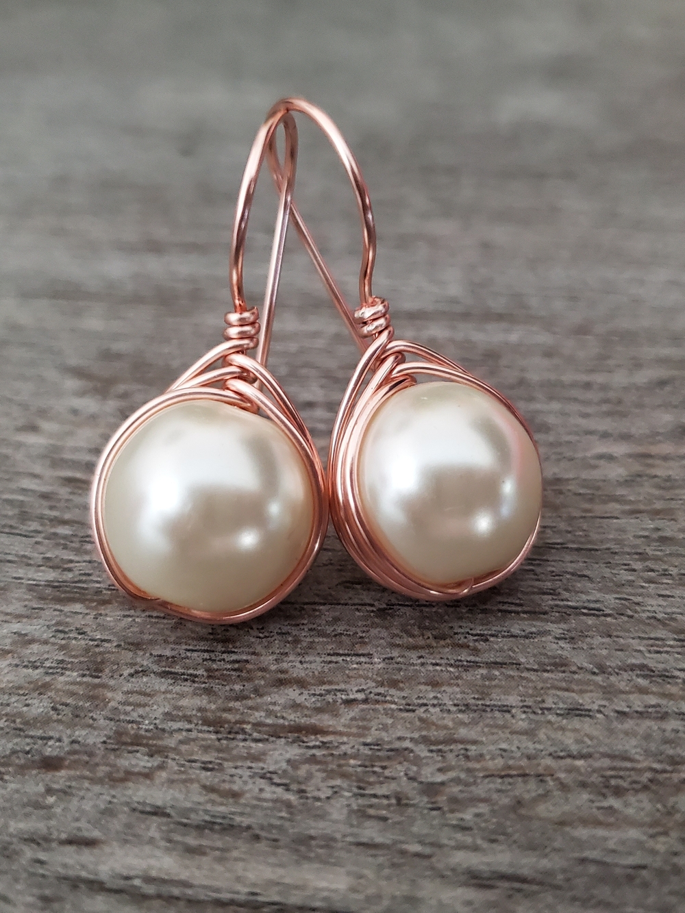 Rose Gold Wire-Wrapped Large Pearl Drop Earrings